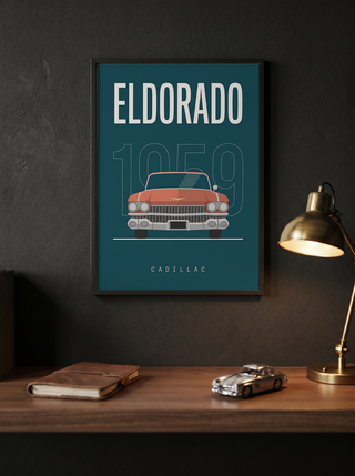 Cadillac Eldorado 1959 Minimalist Poster — Teal Tail-Fin Classic Line Art