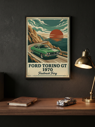 Ford Torino GT 1970 Poster — Vintage Muscle Car Coastal Cliff Sunset Print