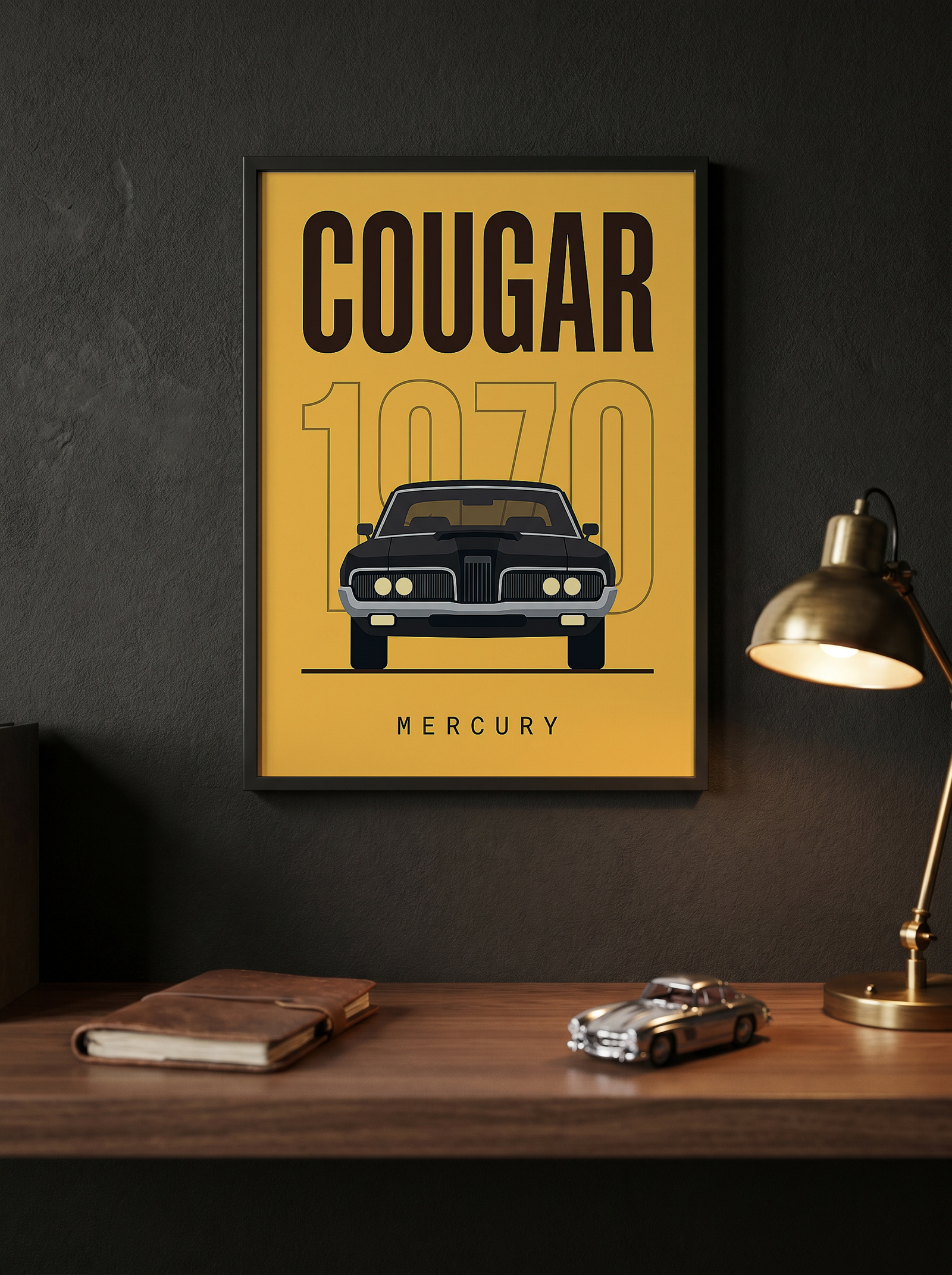 Mercury Cougar 1970 Minimalist Poster — Golden Yellow Muscle Car Line Art