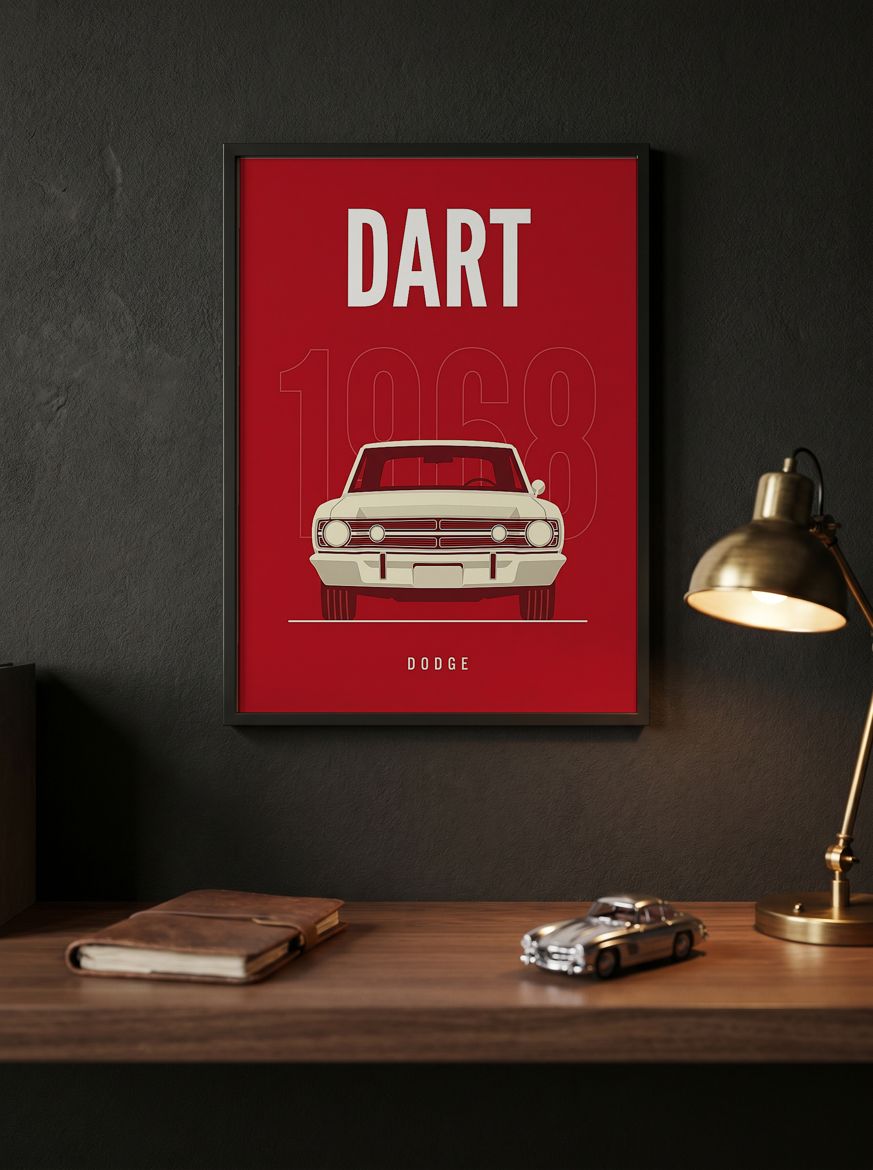 Dodge Dart 1968 Minimalist Poster — Ivory on Cherry Red Muscle Line Art