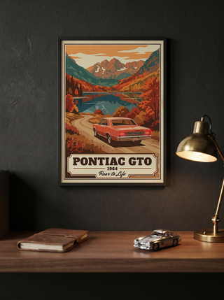 Pontiac GTO 1964 V4 Poster — Vintage Muscle Autumn Mountain Lake Print