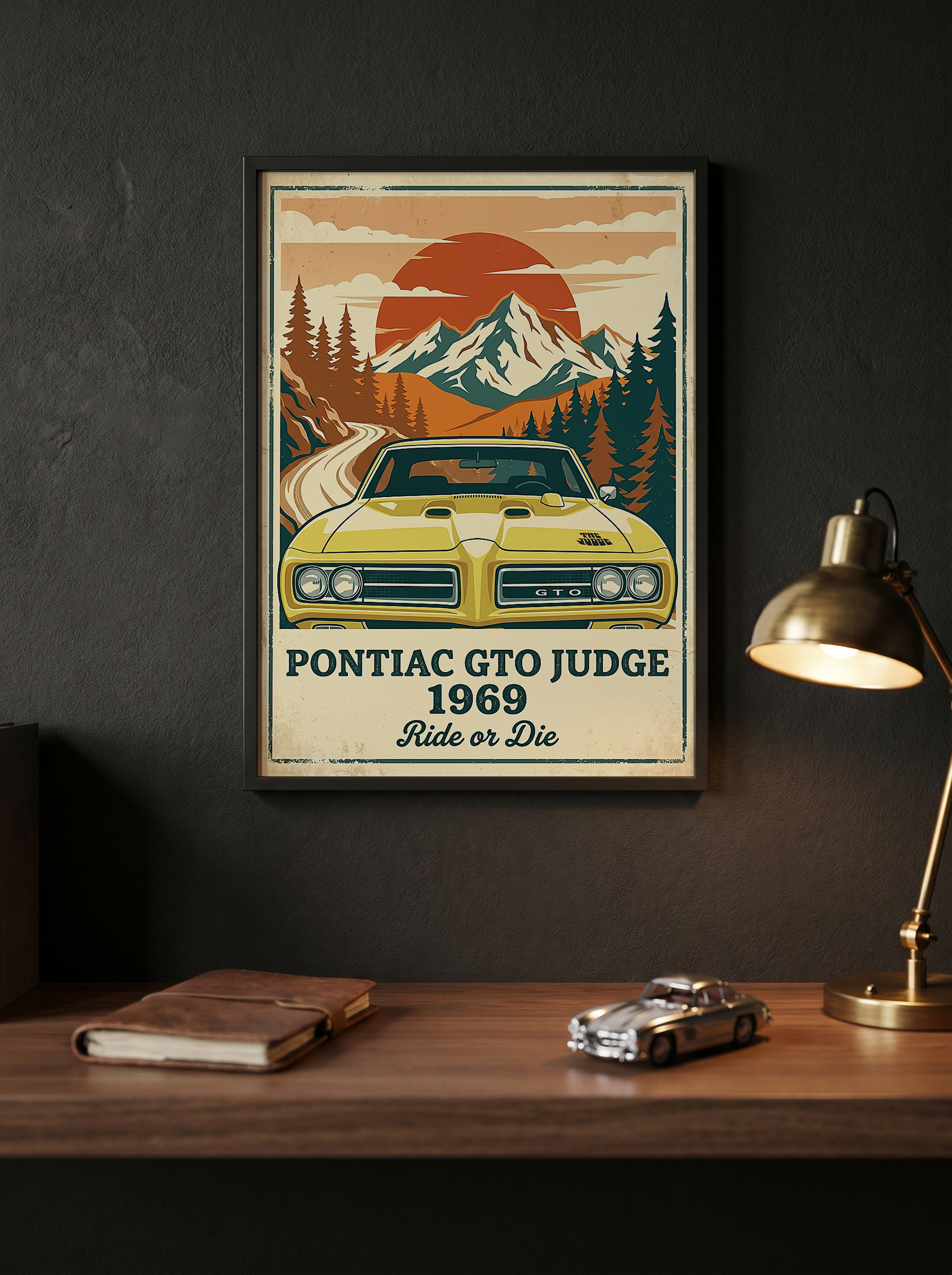Pontiac GTO Judge 1969 Poster — Vintage Muscle Car Mountain Sunset Print