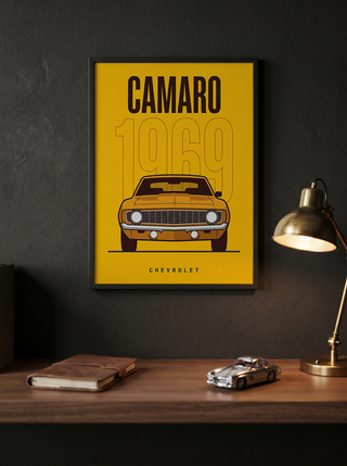Chevrolet Camaro 1969 V2 Yellow Minimalist Poster — Muscle Car Line Art