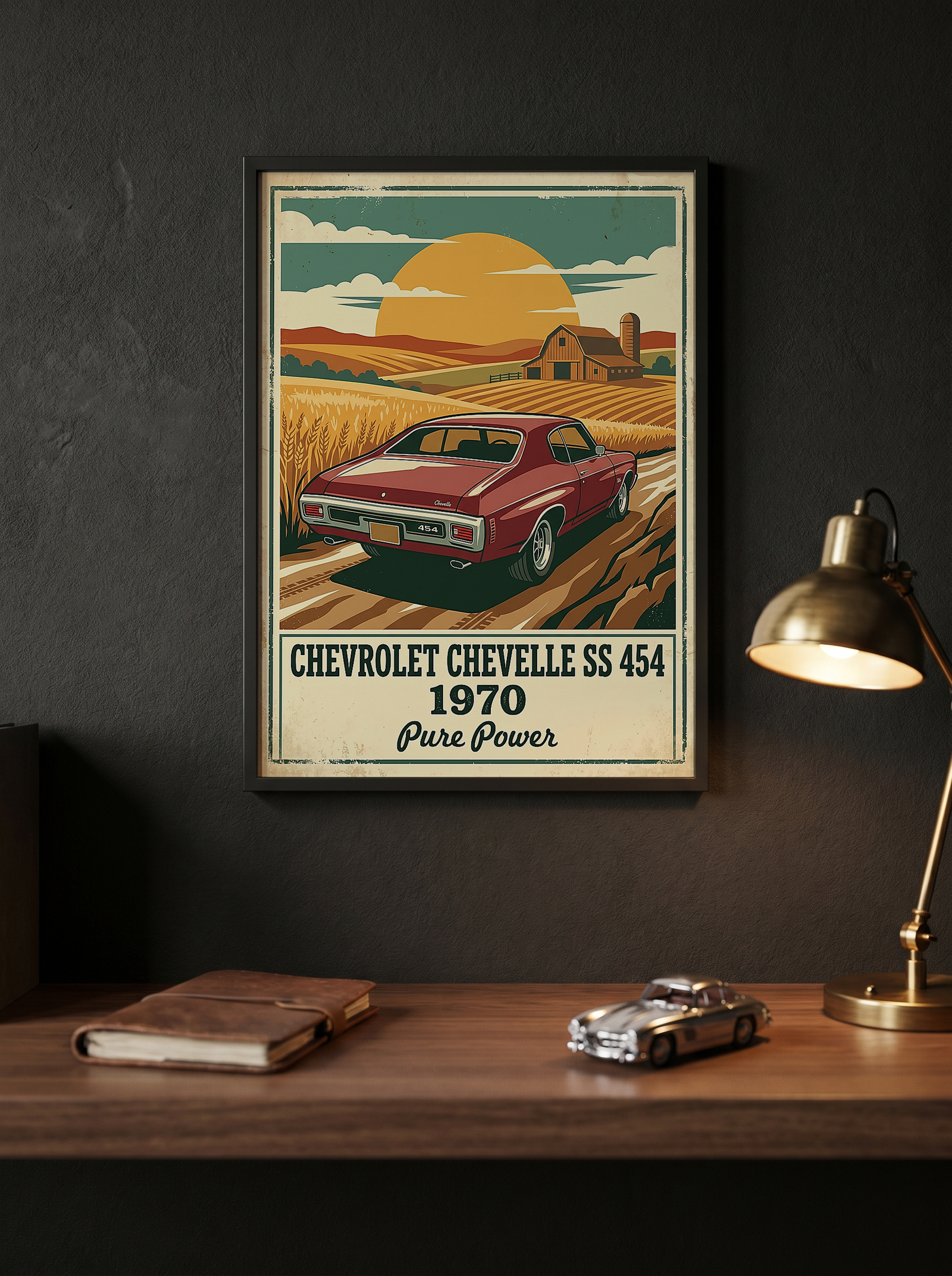 Chevrolet Chevelle SS 454 1970 V3 Poster — Vintage Muscle Car Wheat Field Barn Print