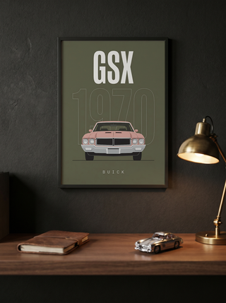 Buick GSX 1970 Minimalist Poster — Olive Sage Muscle Car Line Art