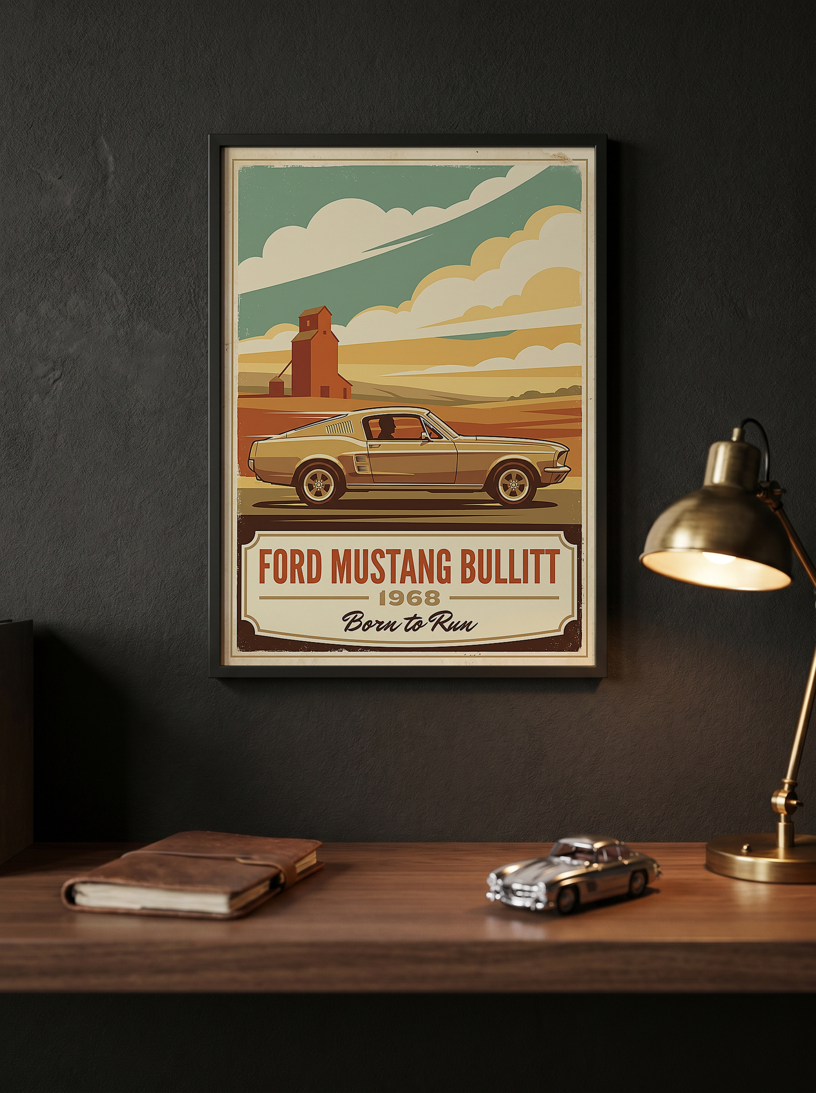 Ford Mustang Bullitt 1968 V2 Poster — Vintage Muscle Country Silo Print
