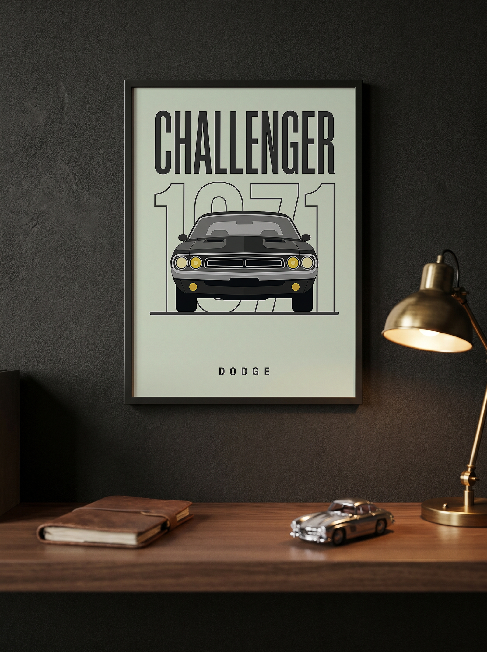 Dodge Challenger 1971 Minimalist Poster — Mint Sage Muscle Car Line Art