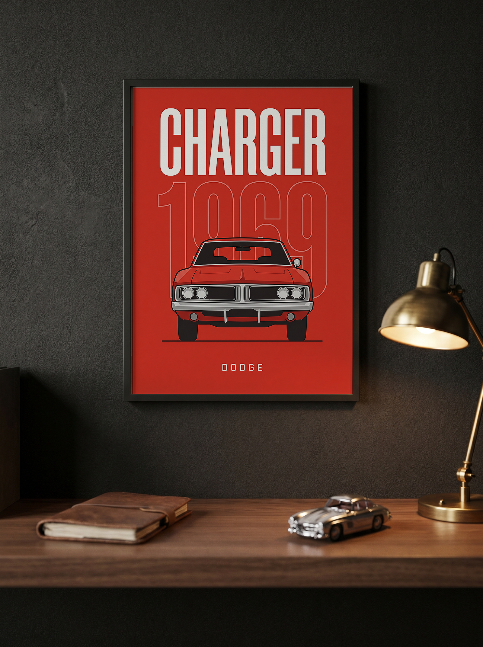 Dodge Charger 1969 Minimalist Poster — Red Muscle Car Line Art