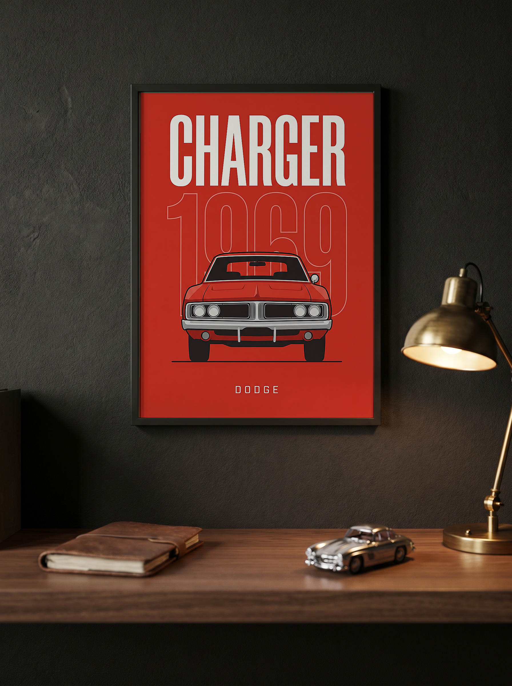 Dodge Charger 1969 Minimalist Poster — Red Muscle Car Line Art