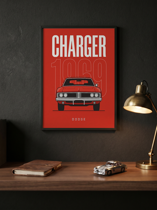 Dodge Charger 1969 Minimalist Poster — Red Muscle Car Line Art