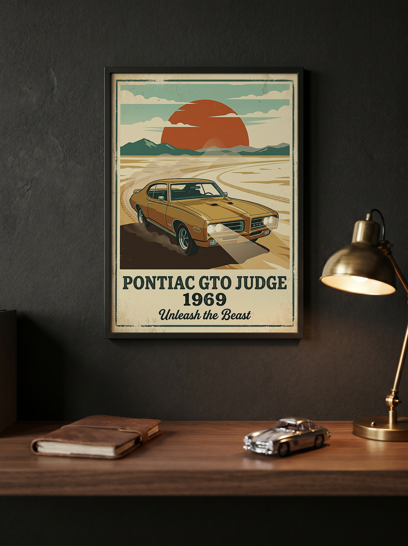 Pontiac GTO Judge 1969 V2 Poster — Vintage Muscle Car Desert Sunset Print
