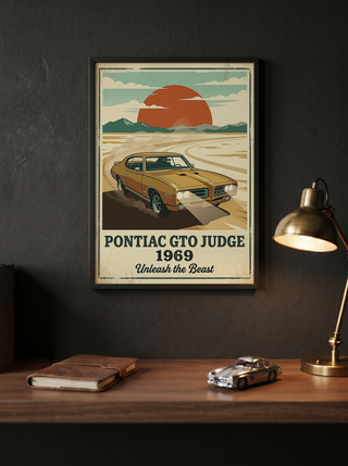 Pontiac GTO Judge 1969 V2 Poster — Vintage Muscle Car Desert Sunset Print