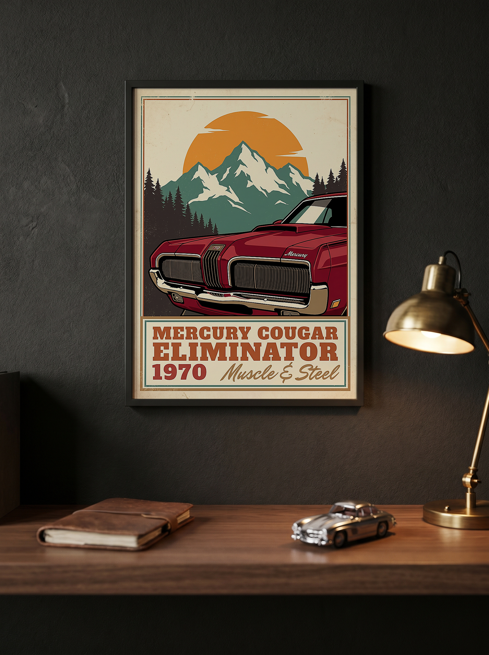 Mercury Cougar Eliminator 1970 V3 Poster — Vintage Muscle Front Grille Mountain Print