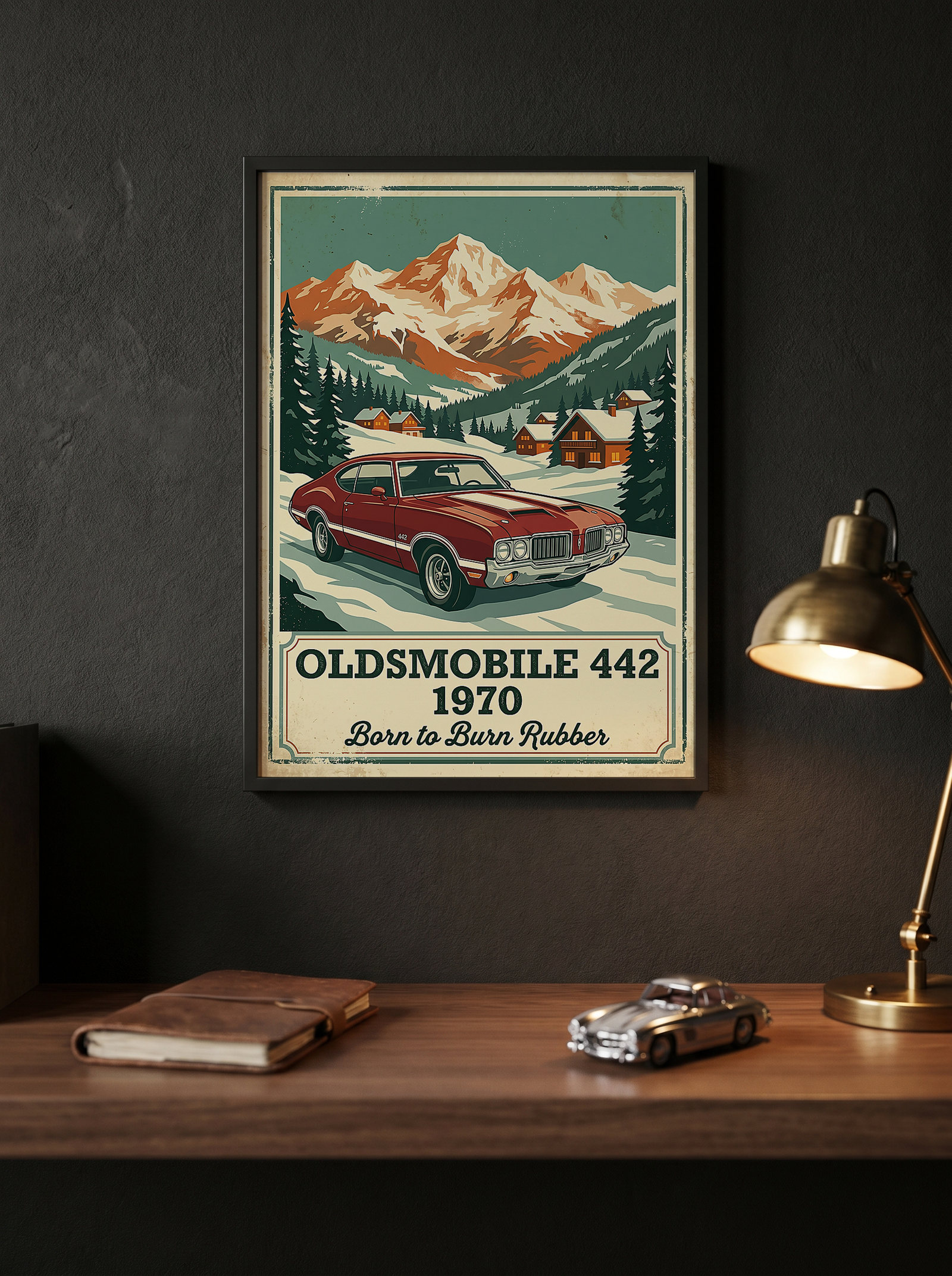 Oldsmobile 442 1970 V2 Poster — Vintage Muscle Winter Alpine Village Print