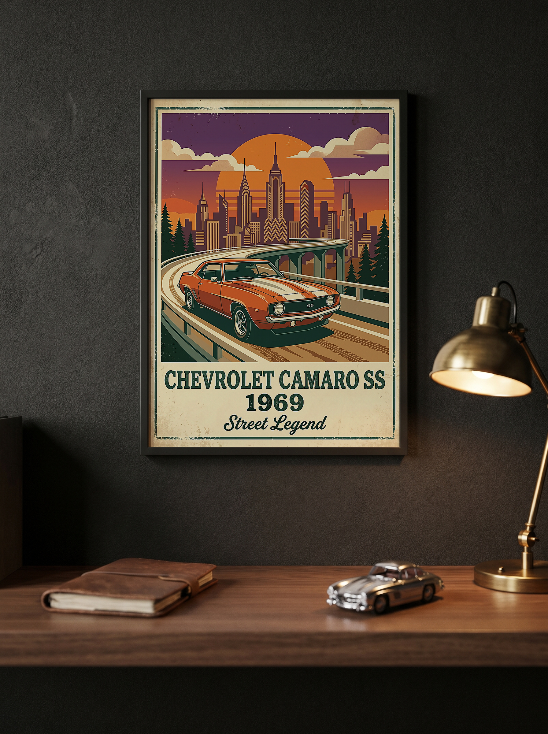 Chevrolet Camaro SS 1969 Poster — Vintage Muscle Car City Skyline Print