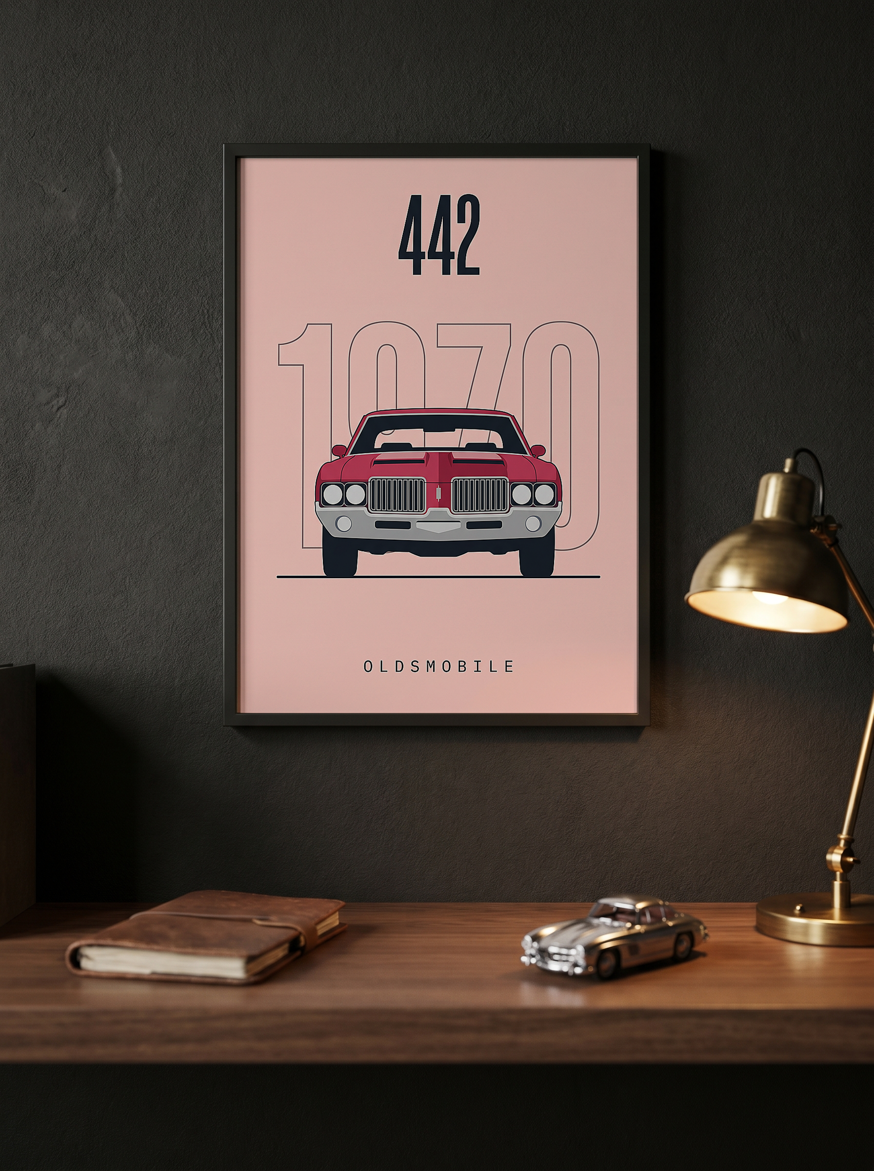 Oldsmobile 442 1970 Minimalist Poster — Blush Pink Muscle Car Line Art