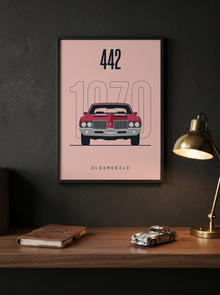 Oldsmobile 442 1970 Minimalist Poster — Blush Pink Muscle Car Line Art