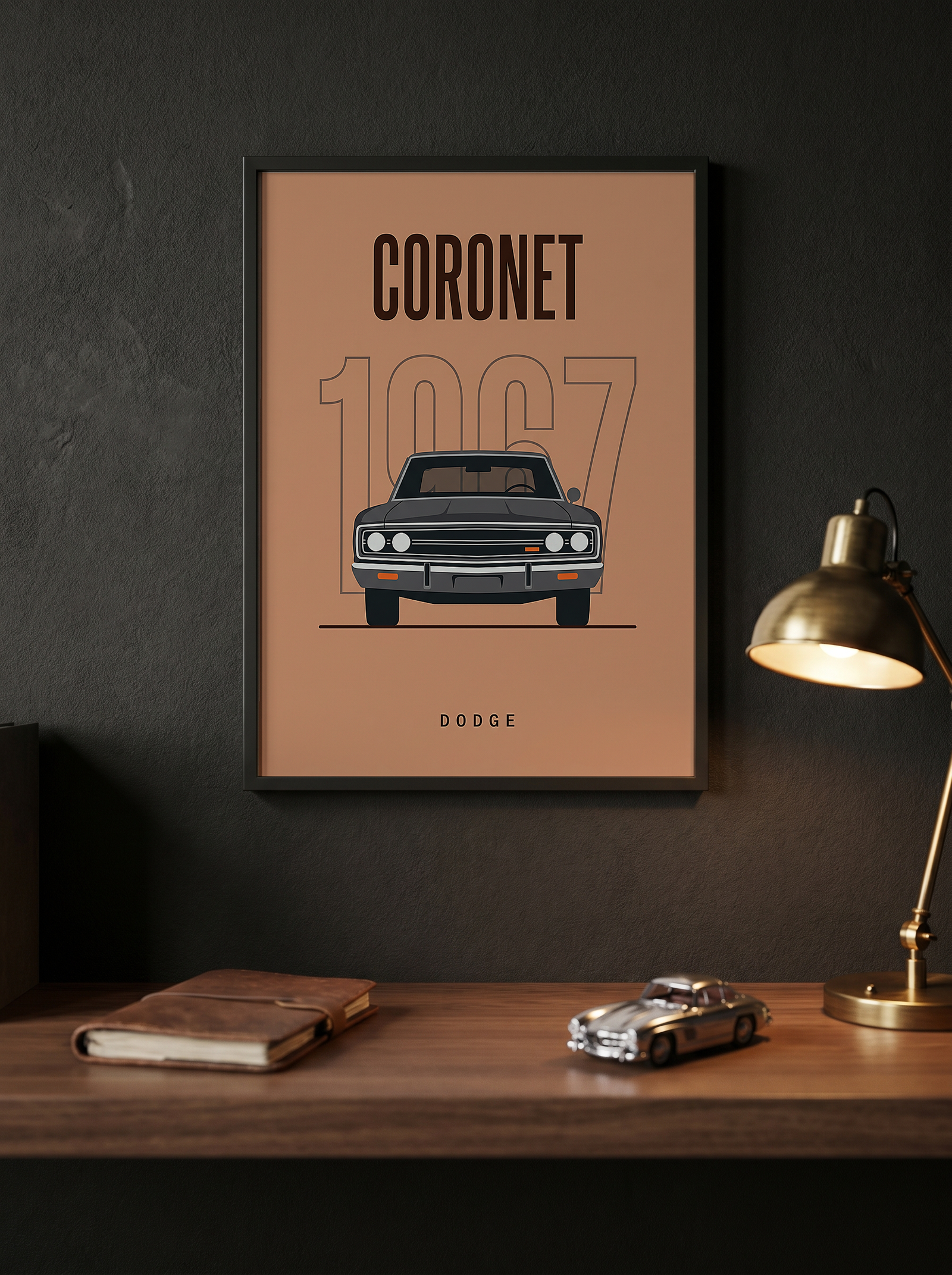 Dodge Coronet 1967 Minimalist Poster — Peach Muscle Car Line Art
