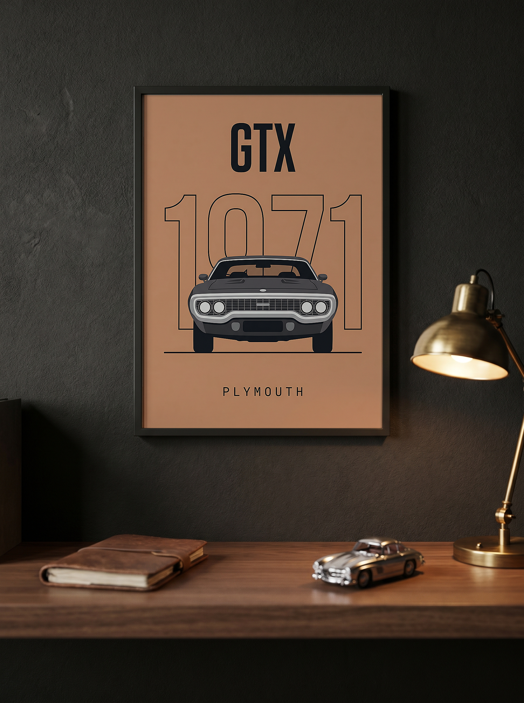 Plymouth GTX 1971 Minimalist Poster — Peach B-Body Muscle Line Art