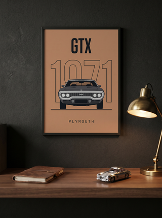 Plymouth GTX 1971 Minimalist Poster — Peach B-Body Muscle Line Art