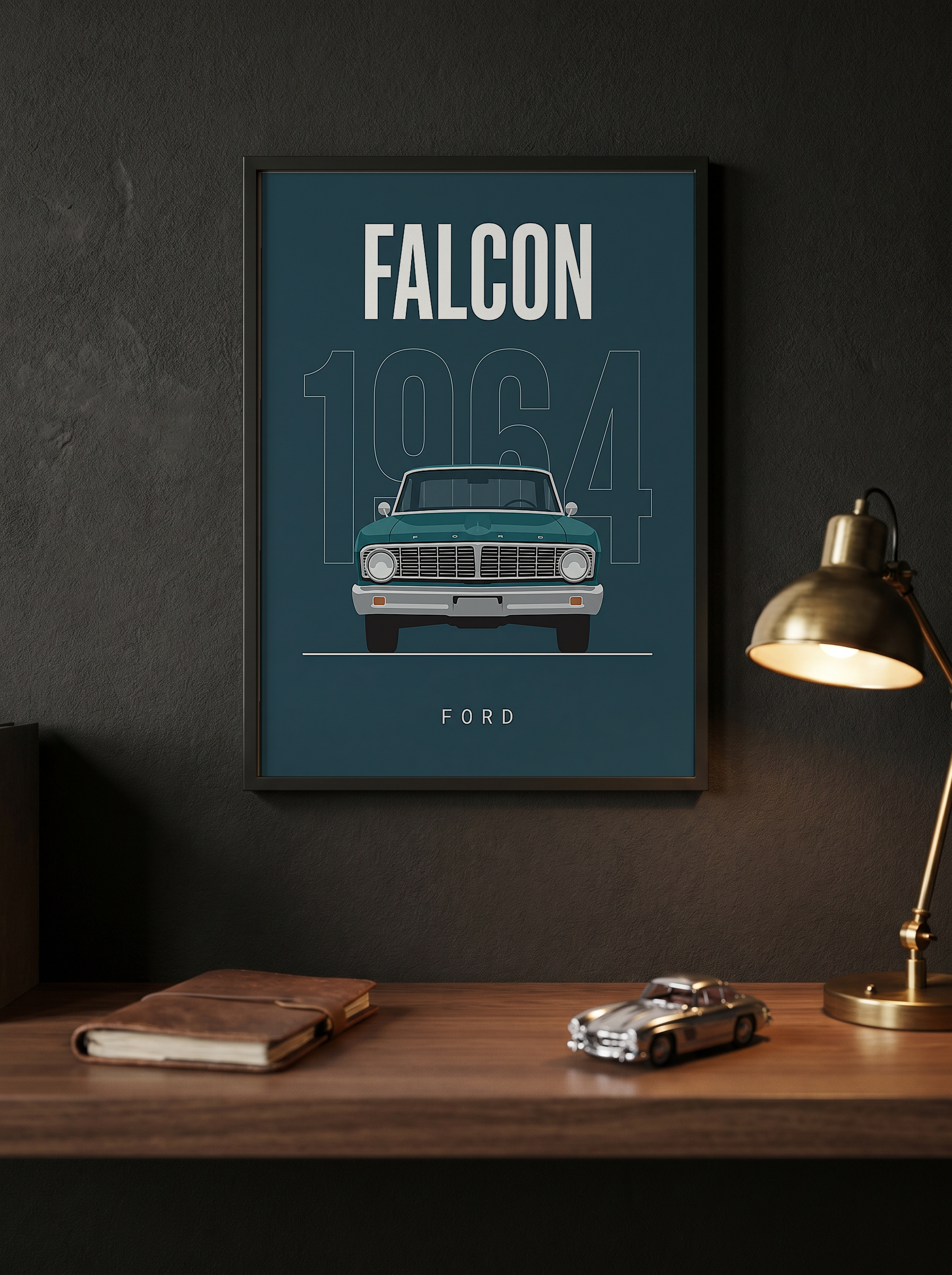 Ford Falcon 1964 Minimalist Poster — Teal Compact Muscle Line Art
