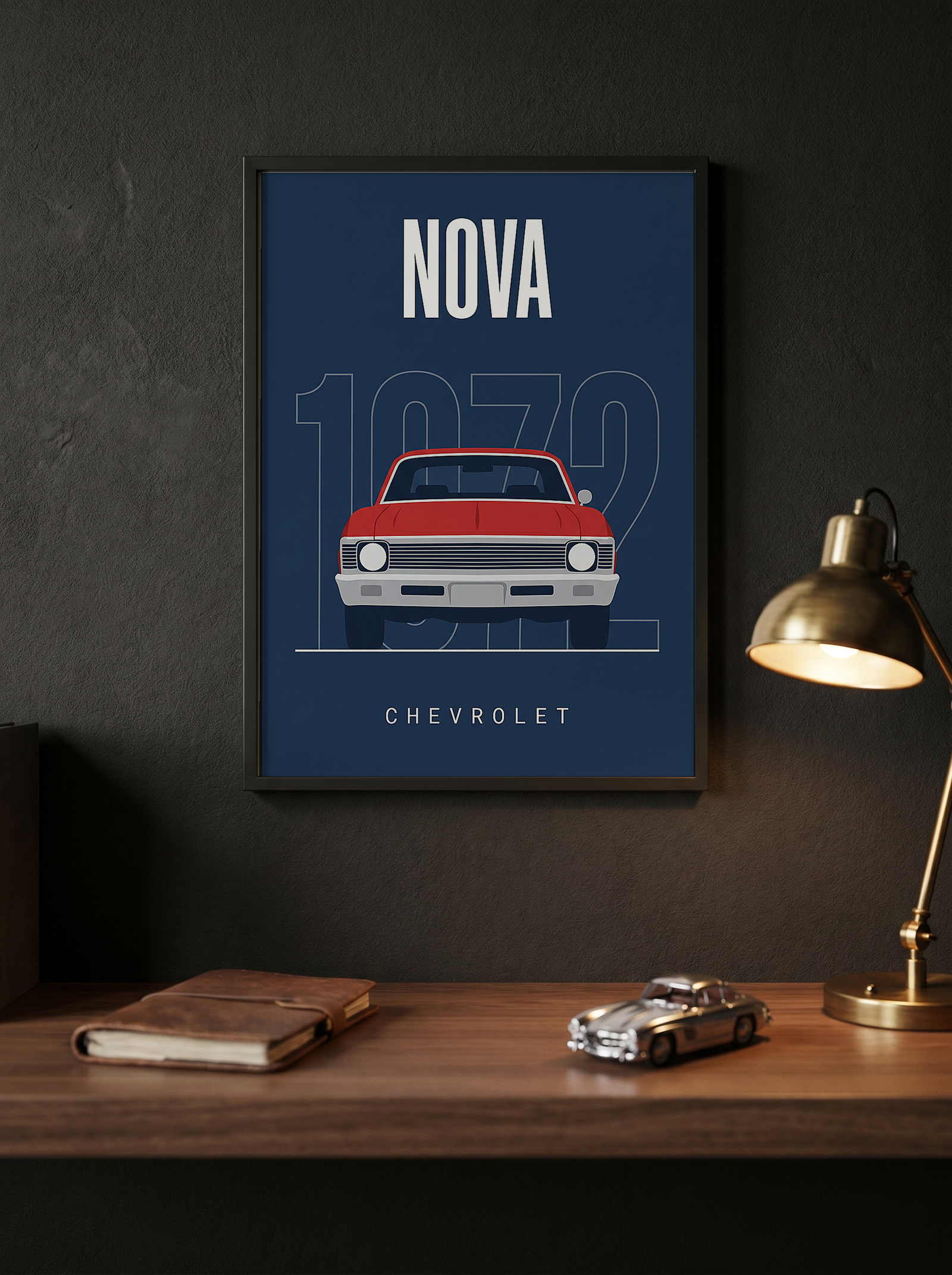 Chevrolet Nova 1972 Minimalist Poster — Red on Navy Compact Muscle Line Art