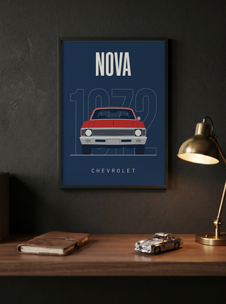 Chevrolet Nova 1972 Minimalist Poster — Red on Navy Compact Muscle Line Art