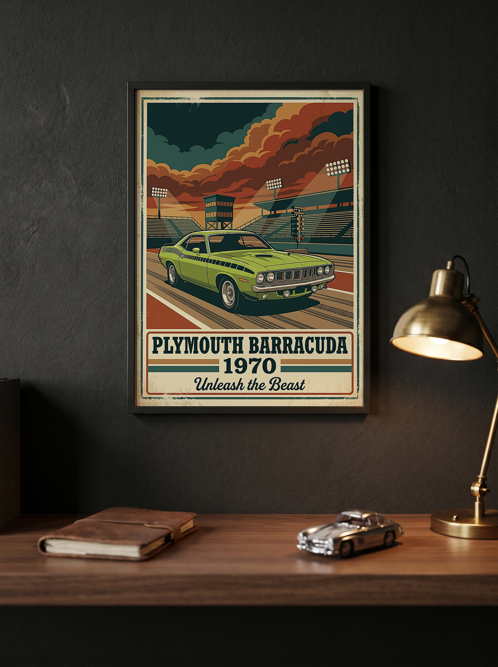 Plymouth Barracuda 1970 Poster — Vintage Muscle Car Race Track Print