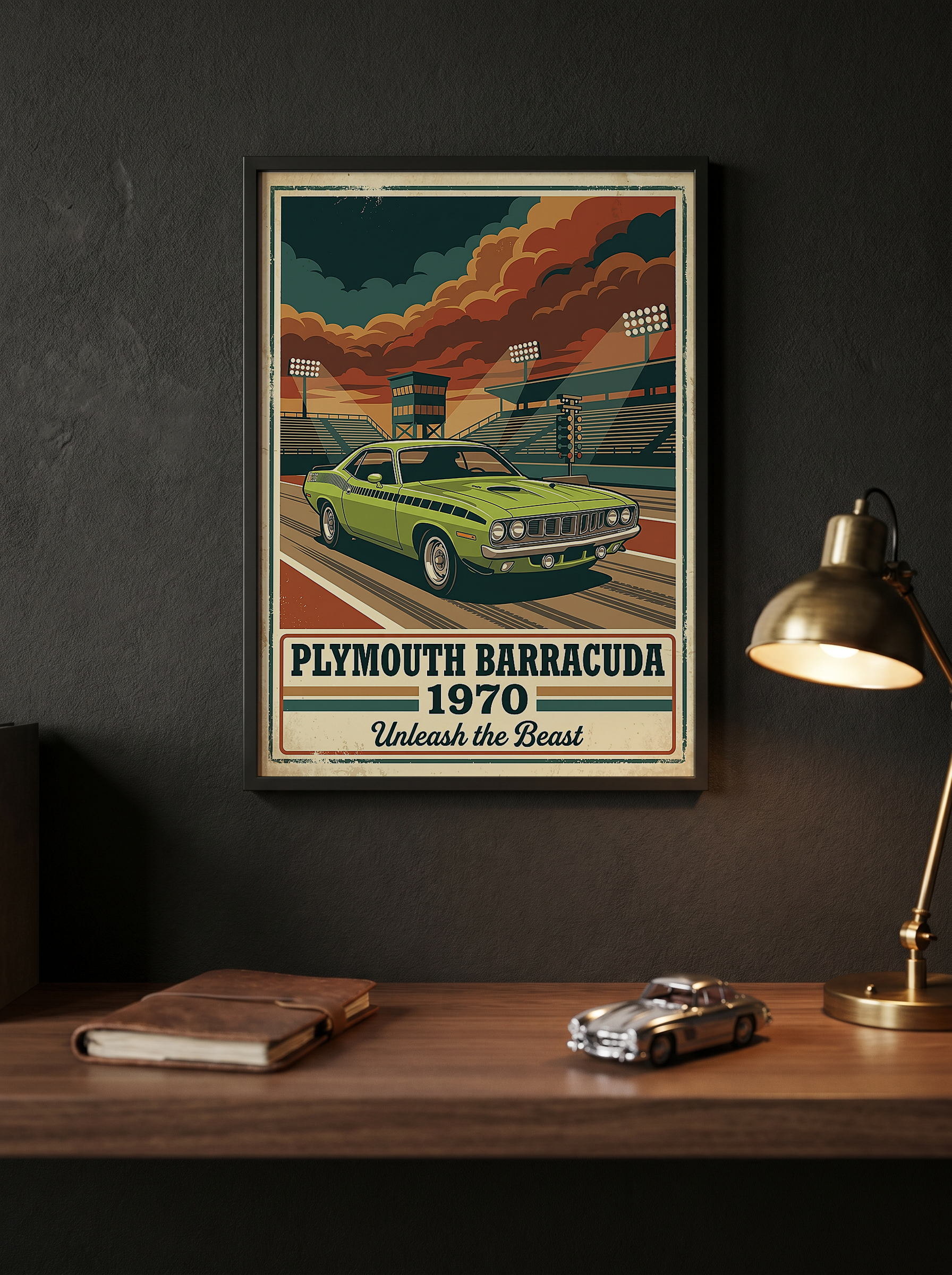 Plymouth Barracuda 1970 Poster — Vintage Muscle Car Race Track Print