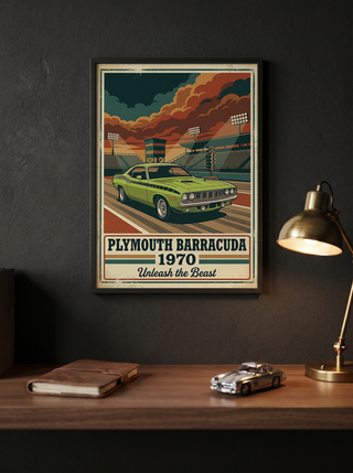 Plymouth Barracuda 1970 Poster — Vintage Muscle Car Race Track Print