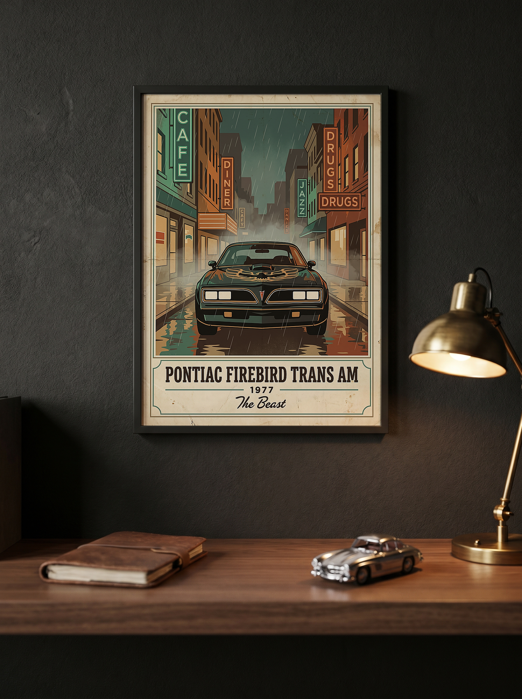 Pontiac Firebird Trans Am 1977 Poster — Vintage Muscle Bandit Rainy Noir Street Print