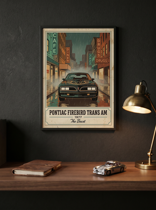 Pontiac Firebird Trans Am 1977 Poster — Vintage Muscle Bandit Rainy Noir Street Print