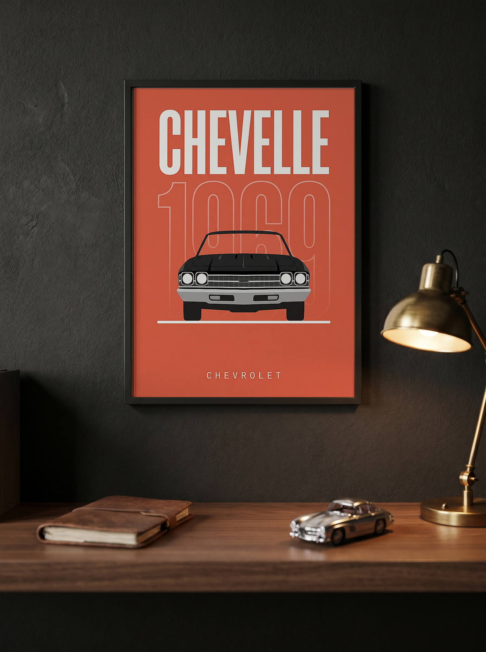 Chevrolet Chevelle 1969 Minimalist Poster — Coral Convertible Muscle Line Art