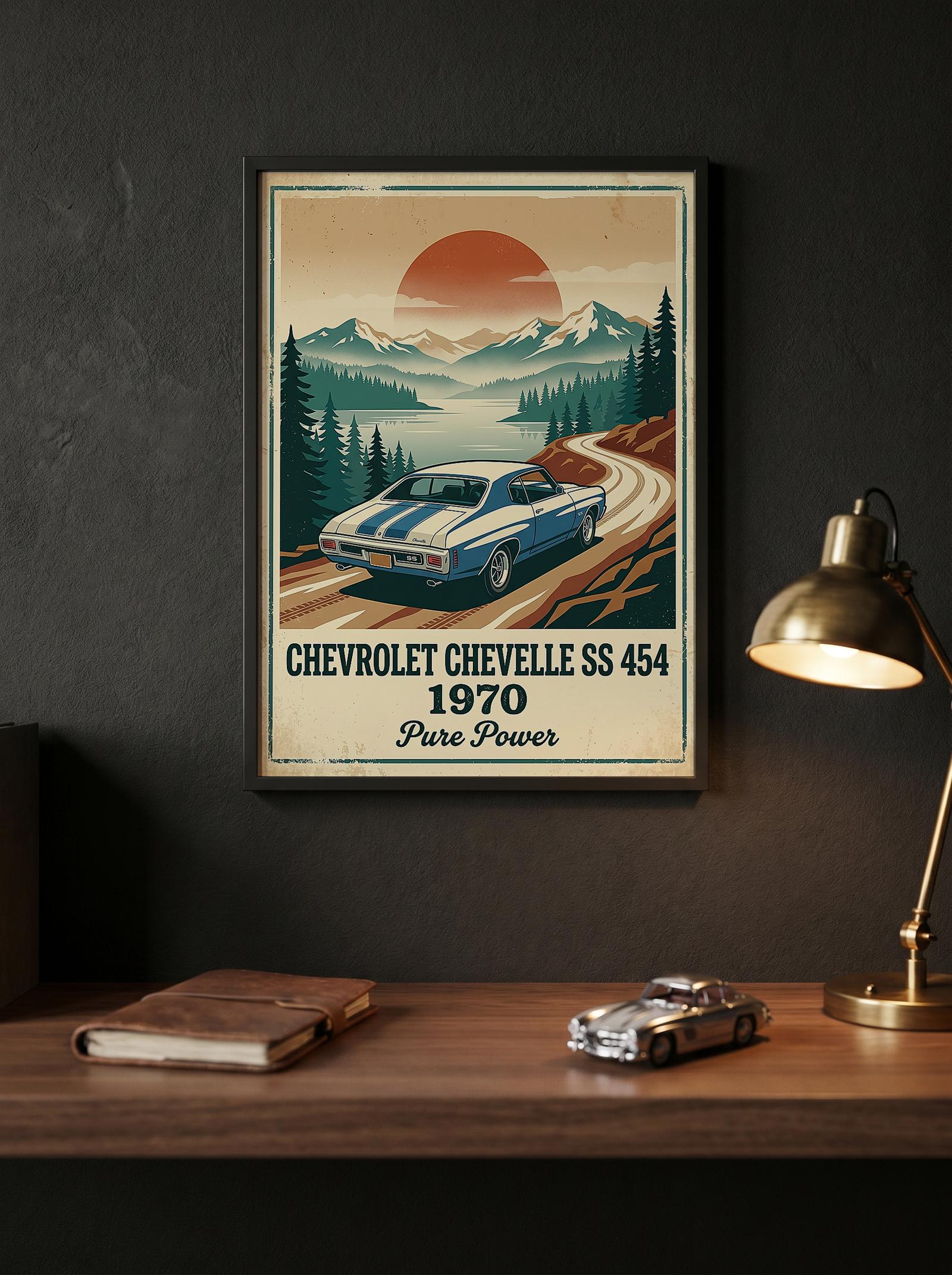 Chevrolet Chevelle SS 454 1970 Sky Blue Poster — Vintage Muscle Car Mountain Lake Print