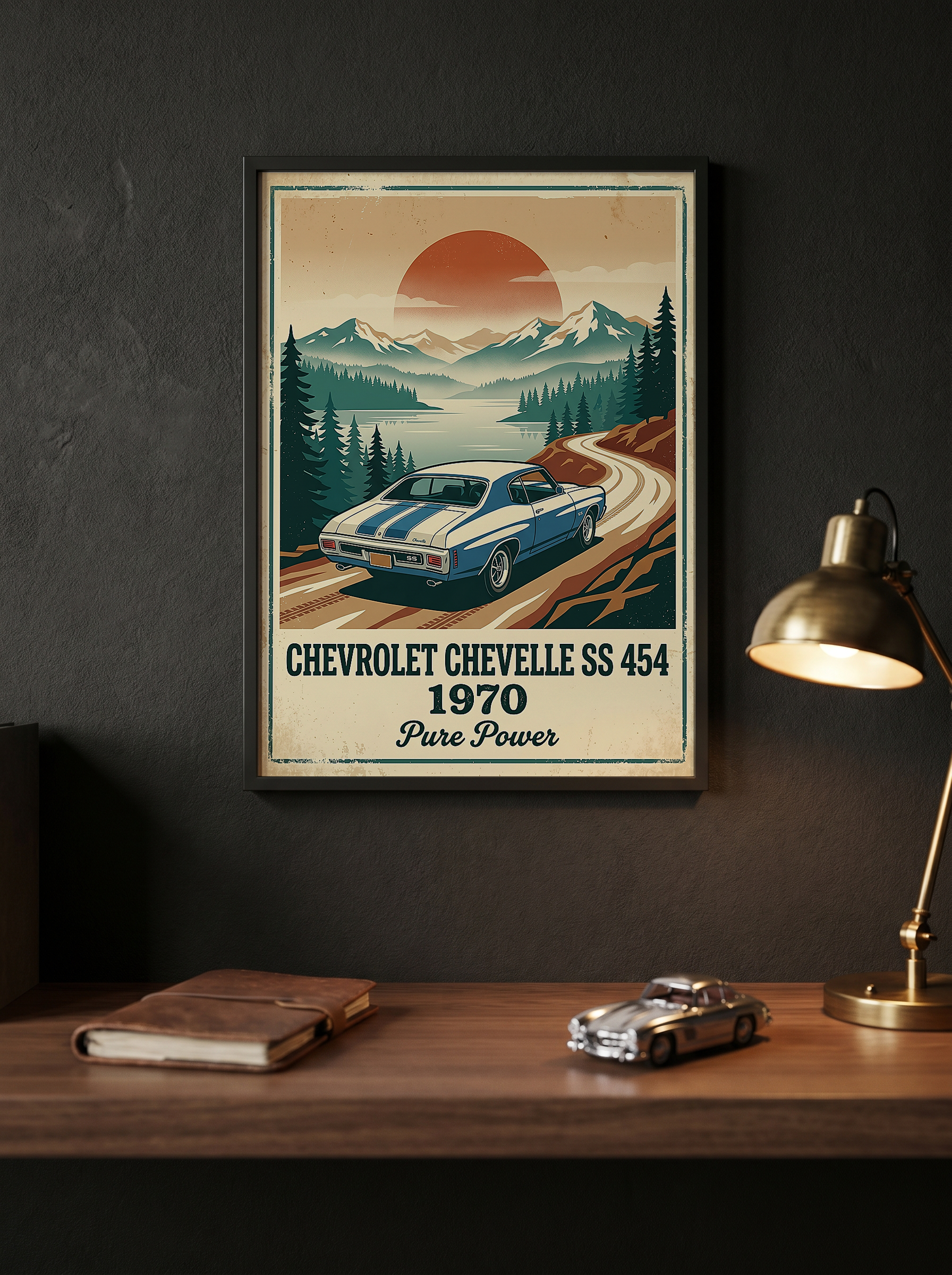 Chevrolet Chevelle SS 454 1970 Sky Blue Poster — Vintage Muscle Car Mountain Lake Print
