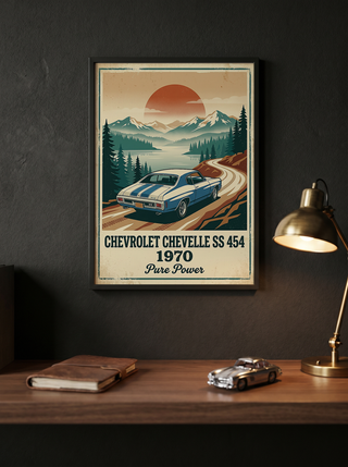 Chevrolet Chevelle SS 454 1970 Sky Blue Poster — Vintage Muscle Car Mountain Lake Print