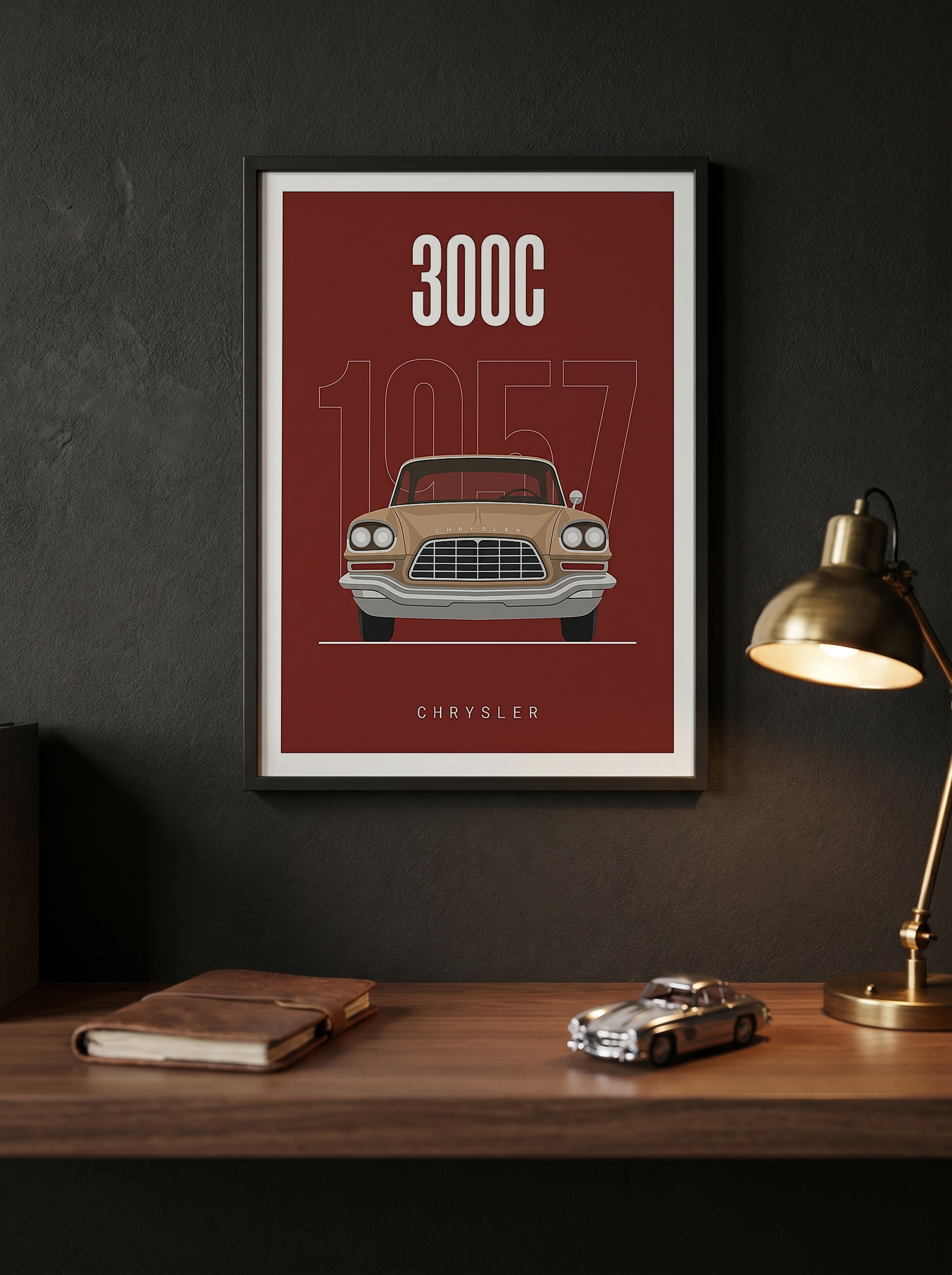 Chrysler 300C 1957 Minimalist Poster — Crimson Letter Series Line Art