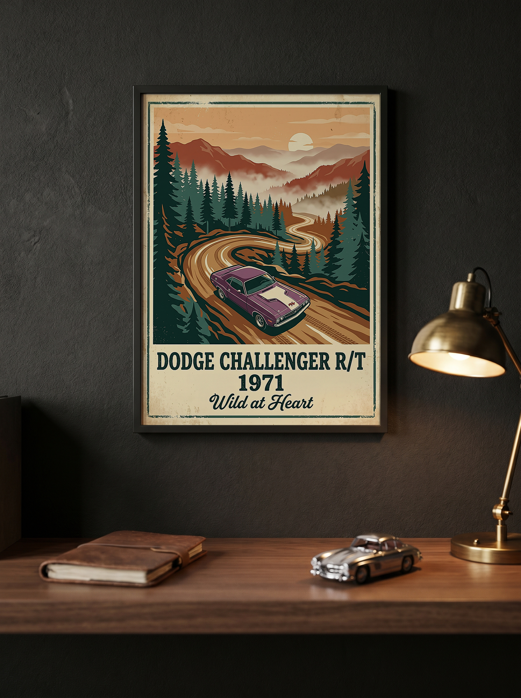 Dodge Challenger R/T 1971 V2 Poster — Vintage Muscle Misty Pine Mountain Print