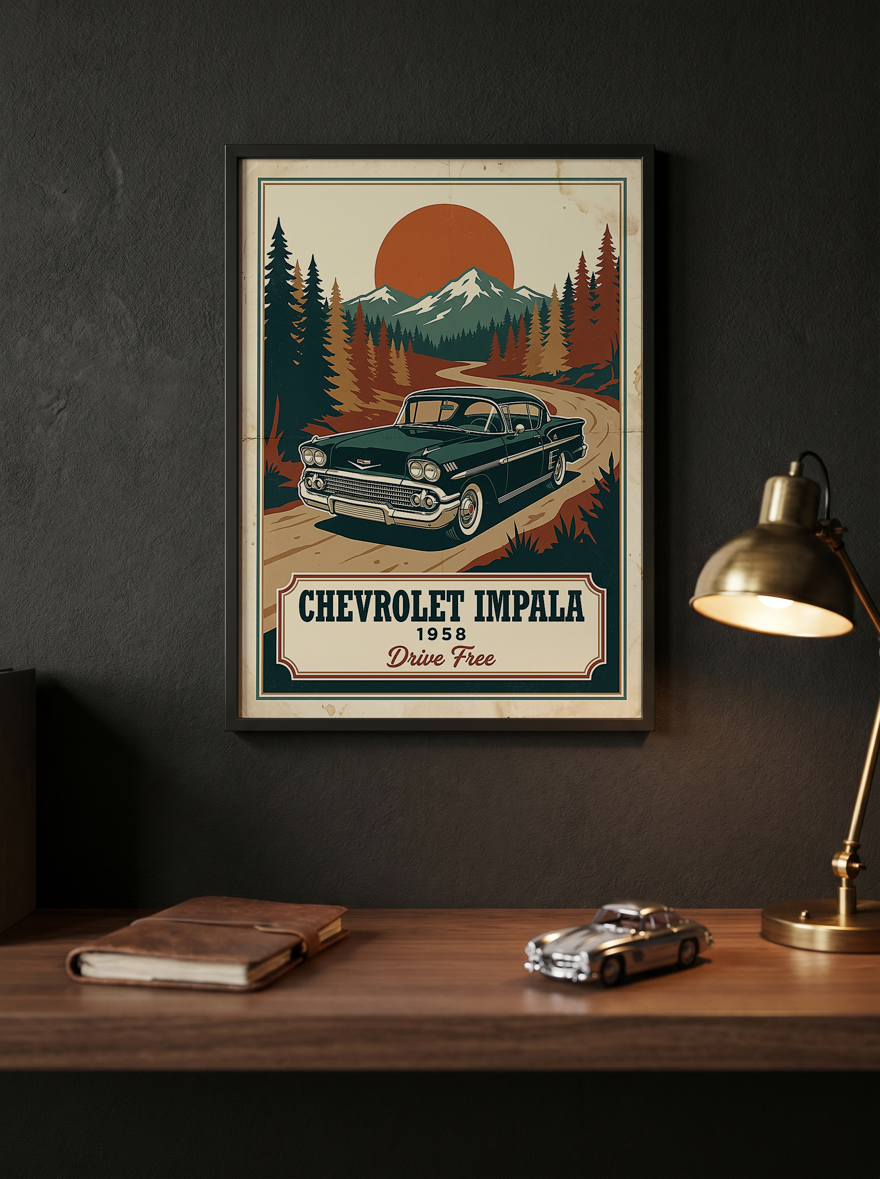 Chevrolet Impala 1958 Poster — Vintage Muscle Mountain Pine Sunset Print