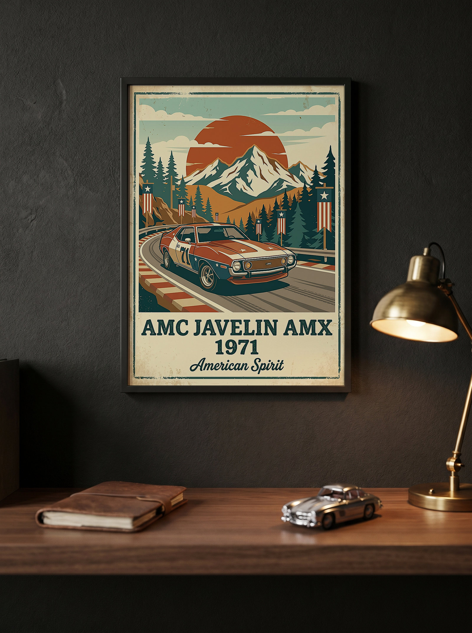 AMC Javelin AMX 1971 Poster — Vintage Muscle Car Race Track Mountain Print