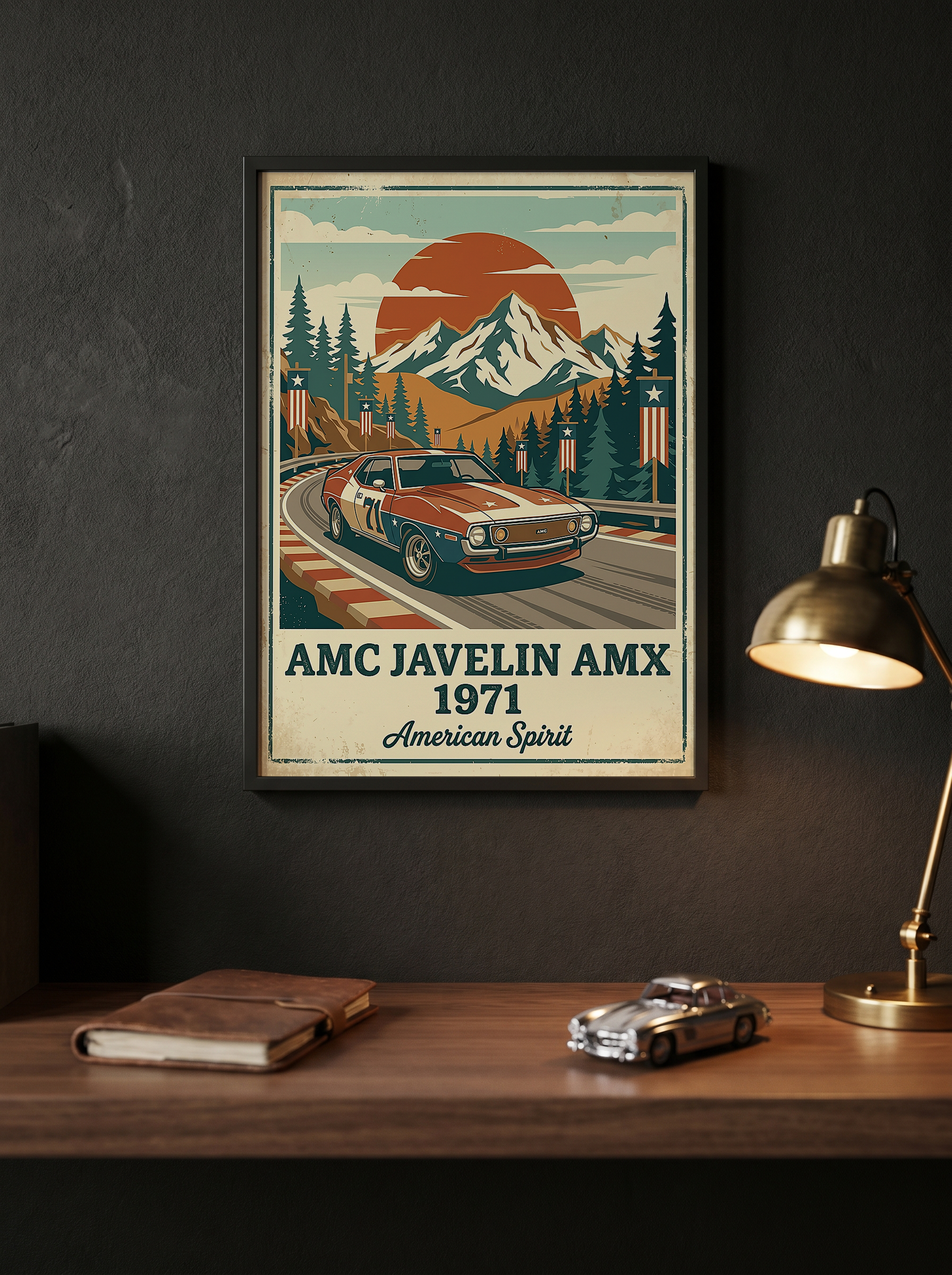 AMC Javelin AMX 1971 Poster — Vintage Muscle Car Race Track Mountain Print