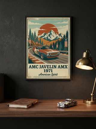 AMC Javelin AMX 1971 Poster — Vintage Muscle Car Race Track Mountain Print