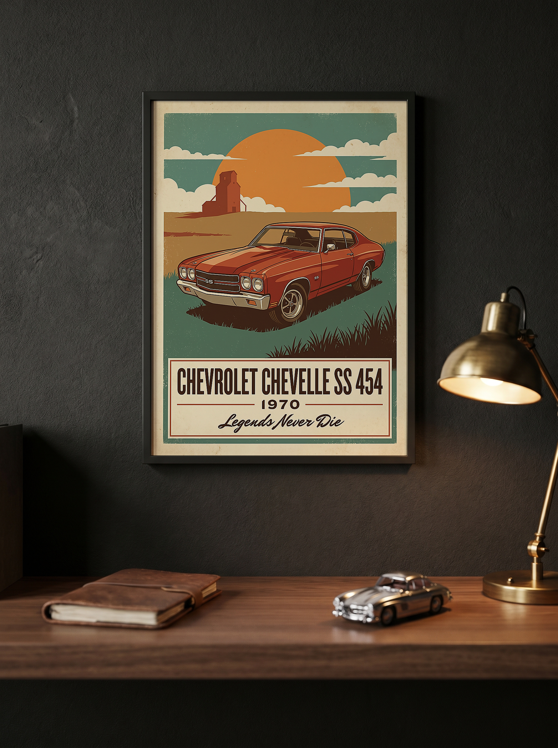 Chevrolet Chevelle SS 454 1970 V8 Sunset Silo Poster — Vintage Muscle Heartland Print