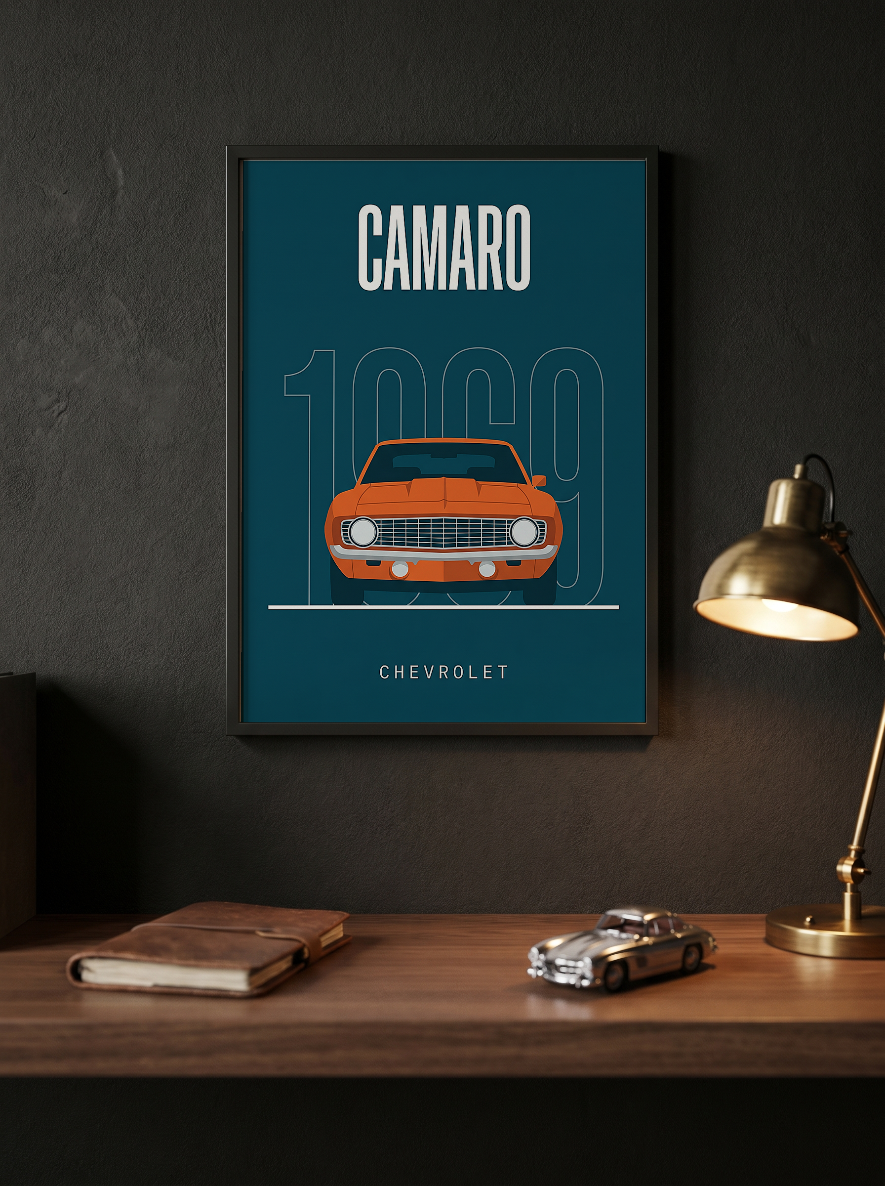 Chevrolet Camaro 1969 Minimalist Poster — Teal Muscle Car Line Art