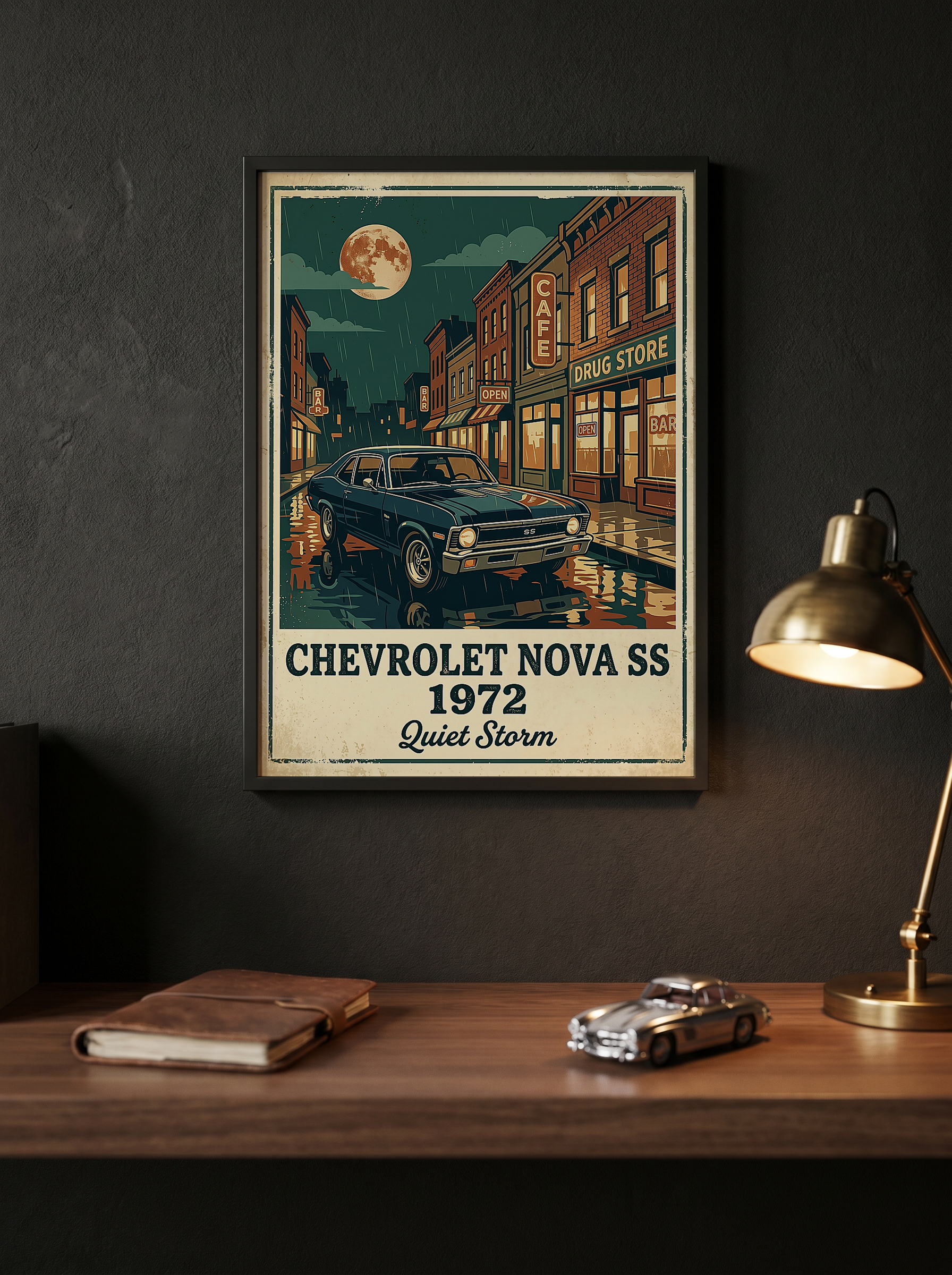 Chevrolet Nova SS 1972 Poster — Vintage Muscle Car Rainy Night Street Print