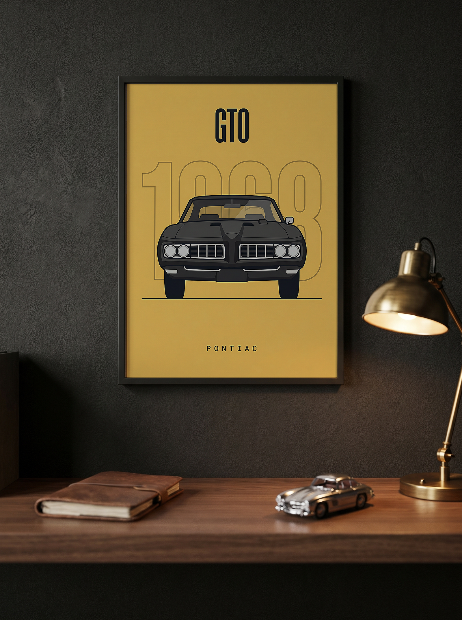 Pontiac GTO 1968 Minimalist Poster — Golden Yellow Muscle Car Line Art