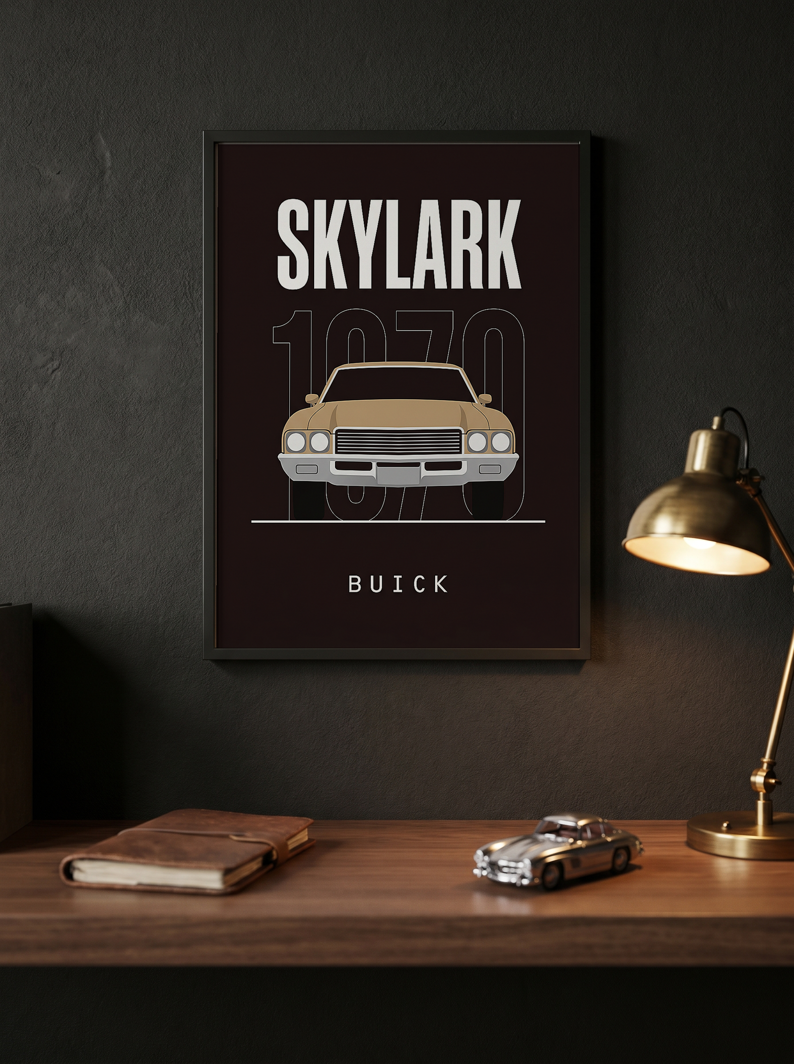 Buick Skylark 1970 Minimalist Poster — Tan on Espresso Muscle Car Line Art