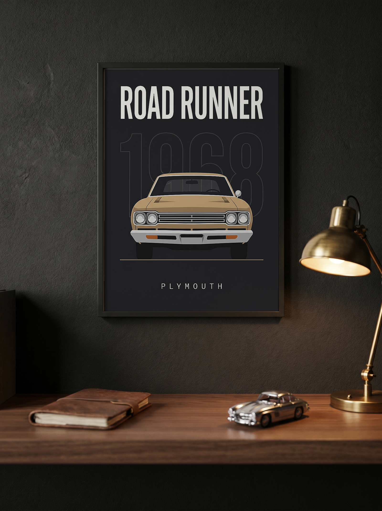 Plymouth Road Runner 1968 V2 Minimalist Poster — Sand on Charcoal Muscle Line Art