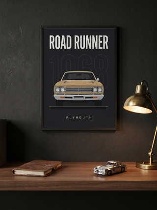 Plymouth Road Runner 1968 V2 Minimalist Poster — Sand on Charcoal Muscle Line Art