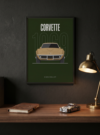 Chevrolet Corvette 1969 Minimalist Poster — Forest Green Muscle Car Line Art